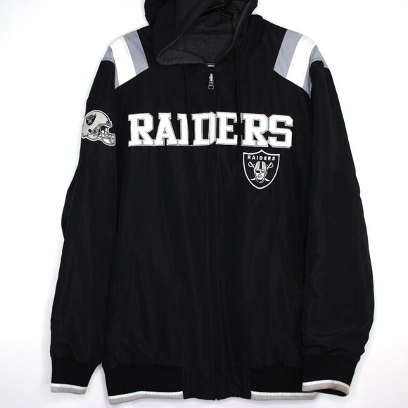 NFL Mens Big Logo Spell Out Oakland Raiders Hooded Reversible Jacket A1531 - Picture 2 of 14